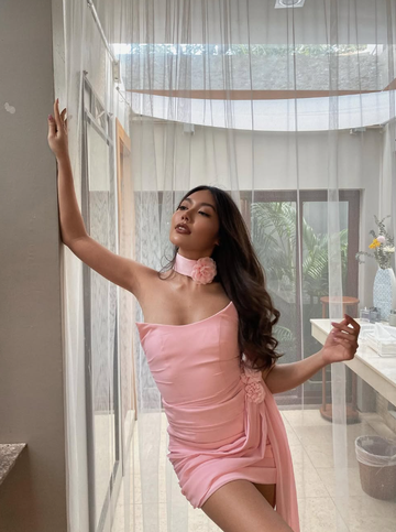 Elegant Sheath Strapless 3D Flower Pink Satin Chiffon Short Homecoming Dress HZ1023